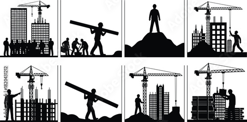 Urban construction scenes silhouettes, eight monochrome icons showing building process, workers, cranes, and city development, industrial labor graphic.
