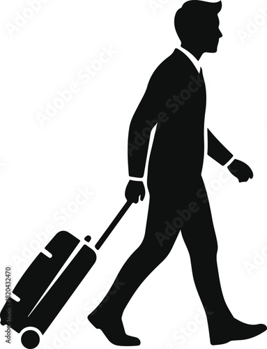 Man pulling a wheeled suitcase business travel journey simple silhouette