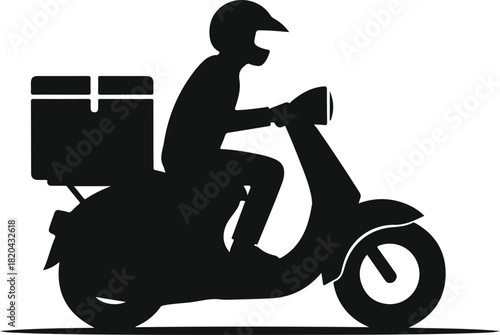 Delivery courier riding scooter silhouette icon for quick transport service