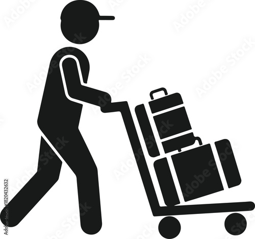 Person pushing luggage cart silhouette icon for travel and transport concepts