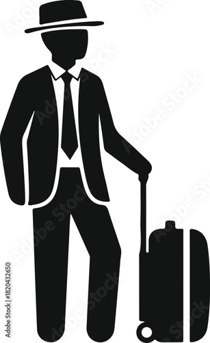 Man in suit and fedora with rolling luggage ready to travel vector icon graphic