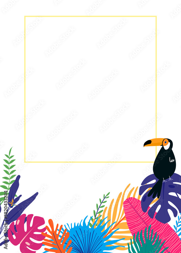Naklejka premium Gold botanical frame png with tropical leaves and toucan bird, transparent background