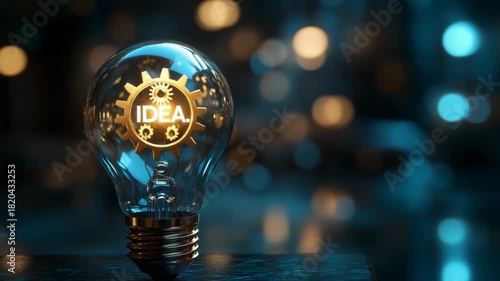 Creative glowing lightbulb with golden gear and word idea inside innovation, creativity, inspiration, invention, business success concept in dark blurred background representing motivation imagination