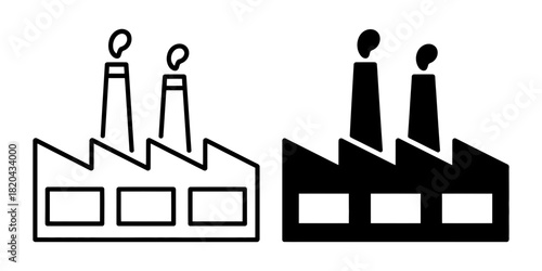 Industrial factory building with smoking chimneys in outline and solid styles, vector icon symbolizing production, manufacturing, and industry.
