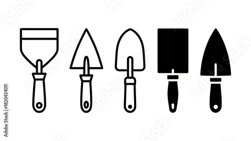 Various garden and construction hand tools icon set, including trowels, spatulas, and putty knives, for gardening, building, and repair vector