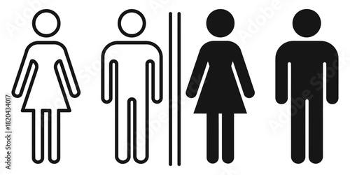 Restroom icon set featuring both outline and solid black figures for male and female, symbolizing public toilet, gender identity, and accessibility.