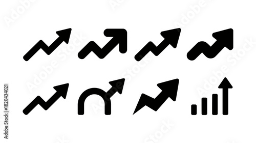 Varied black upward arrow icons illustrating business growth, financial trends, market progress, success, and statistical data visualization concepts.