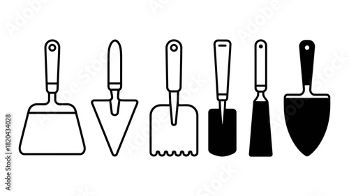 Various spatulas and trowels in a versatile line art and silhouette collection for construction, gardening, kitchen, and craft projects, illustrating diverse tool designs