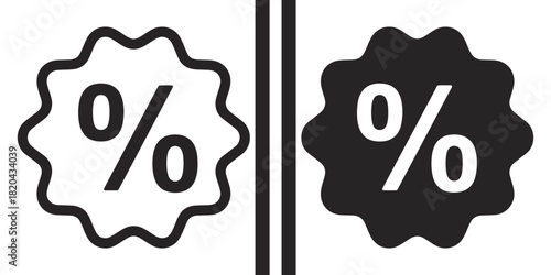 Percentage symbol in starburst shape, black and white outline and solid discount icon set for sales, promotions, and special offers