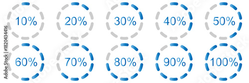 Progress bars. Template of orange and gray color fill pie charts indicator. Round graph loading progress set. Circle diagrams icons for infographics from 0 to 100 percent. Round percentage infographic