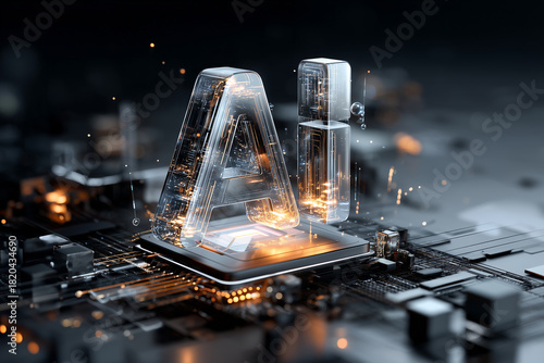 The Artificial Intelligence (AI) microprocessor chip. Powerful Quantum AI component on PCB motherboard with data transfers.
