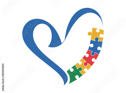 Blue heart shape embracing colorful puzzle pieces, symbolizing autism awareness, support, and the diverse connections within the community