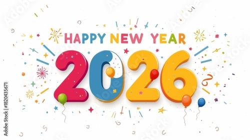 Happy New Year 2026 Colorful Greeting Banner poster post design White Background