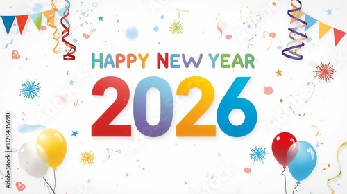 Happy New Year 2026 Colorful Greeting Banner poster post design White Background