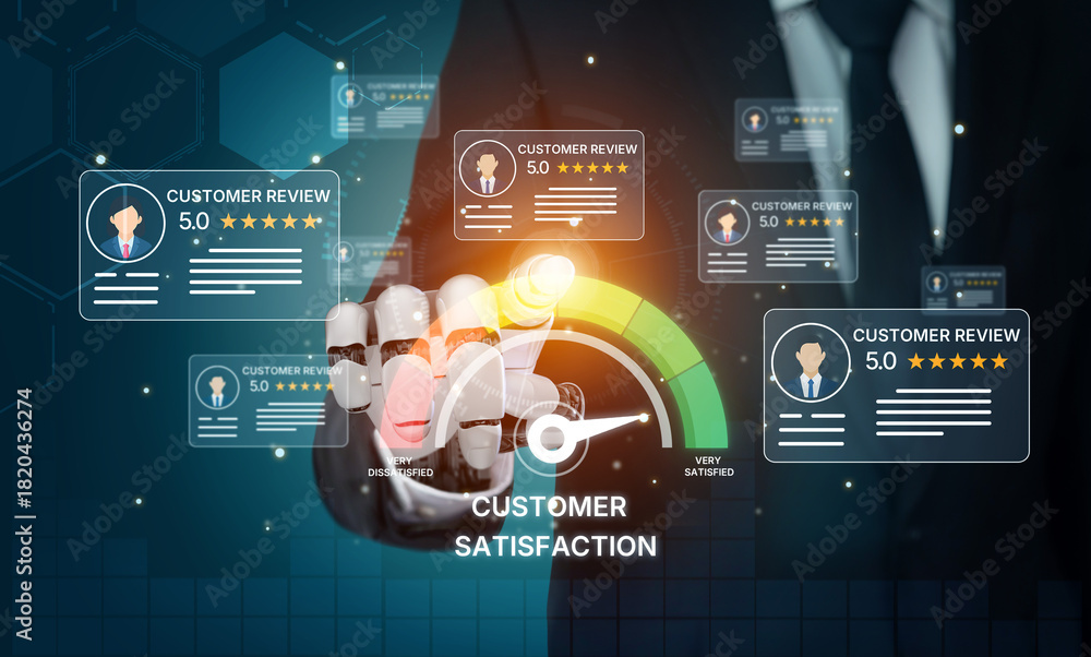 Obraz premium AI analyzes customer reviews using smart sentiment tools and real-time feedback evaluation to improve satisfaction and brand trust. Artificial intelligence spline