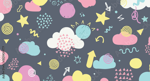 Colorful abstract pattern featuring pastel shapes and symbols on a dark gray background with a playful and whimsical mood.