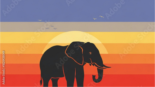 Lone elephant silhouette standing against a beautiful striped sunset on the savanna