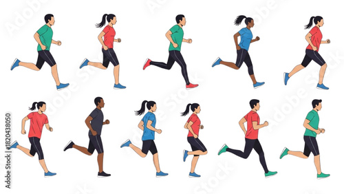 Diverse group of people running in athletic wear, symbolizing fitness and activity