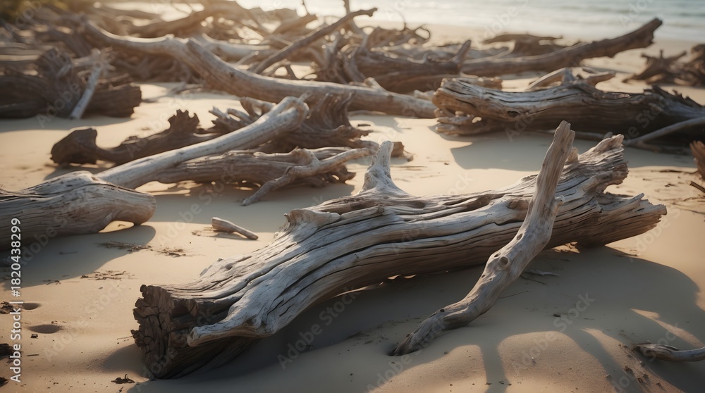Fototapeta premium Weathered driftwood scattered across a sandy beach under warm sunlight