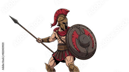 Ancient Greek warrior in armor holding a spear and shield, ready for battle