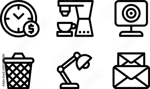 Set of six black line office and work icon