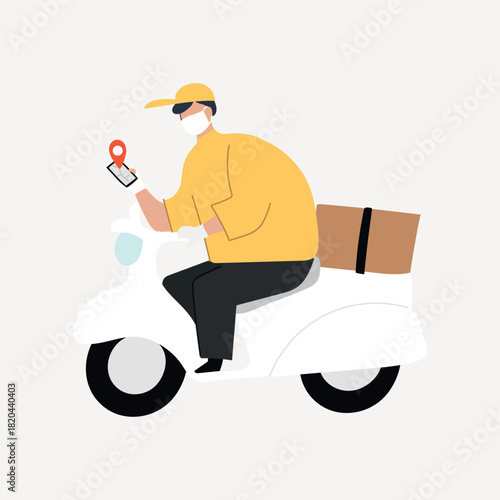 Food delivery man driving to destination illustration vector
