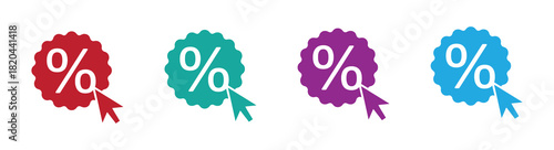 Colorful discount percent icons with arrows pointing down.