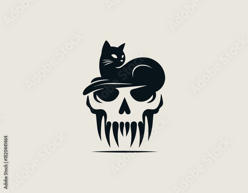 Contrasting black vector graphic showing a calm, sleek cat resting peacefully atop a dramatically styled, intimidating skull with sharp fang-like teeth.