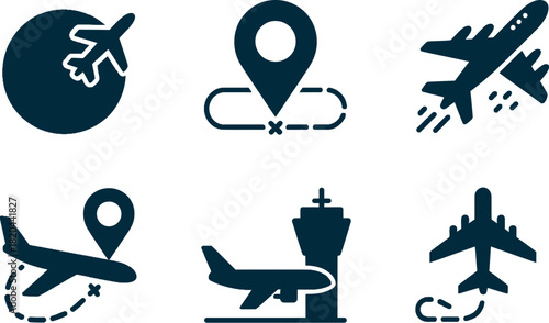 Airplane travel and navigation icon set isolated on white