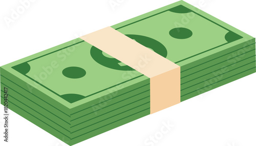 Isometric stack of green money bills: finance, wealth & investment