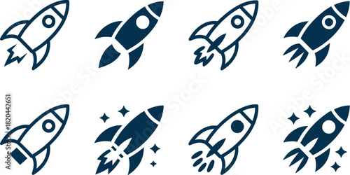 Set of eight rocket launch icon variations