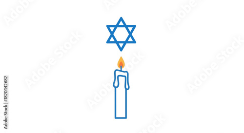 Simple Symbol of Judaism Star of David with Lit Candle in a Clean, Minimalist Illustration