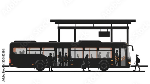 Silhouette illustration of passengers boarding a modern city bus at an urban transit stop