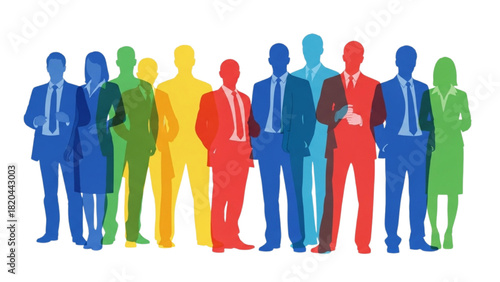 Diverse business professionals standing together, representing a colorful and collaborative team or community