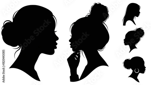 Elegant Vector Silhouettes of Diverse Women's Profiles Showcasing Various Hairstyles and Feminine Grace