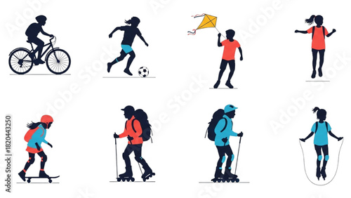 Dynamic Silhouettes of Children Engaged in Diverse Outdoor Sports and Recreational Activities