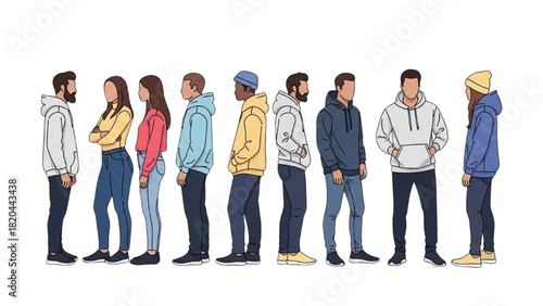 Diverse group of people in casual clothing standing in a line