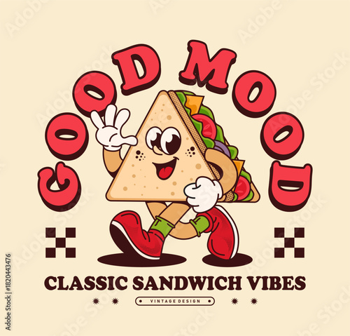 Retro cartoon sandwich character in a fun and colorful style, perfect for T-shirt design, food graphic, apparel print, and playful vintage artwork