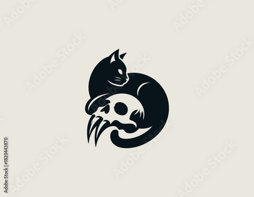Contrasting black vector graphic showing a calm, sleek cat resting peacefully atop a dramatically styled, intimidating skull with sharp fang-like teeth.