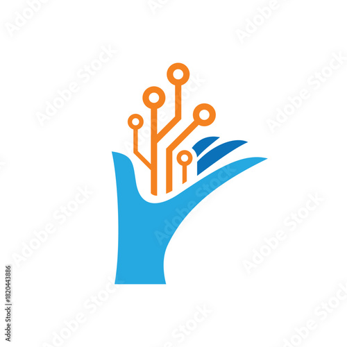 Hand with tech circuit digital innovation logo