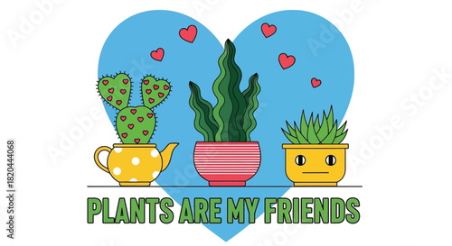 Cute plants illustration with heart background plants are friends