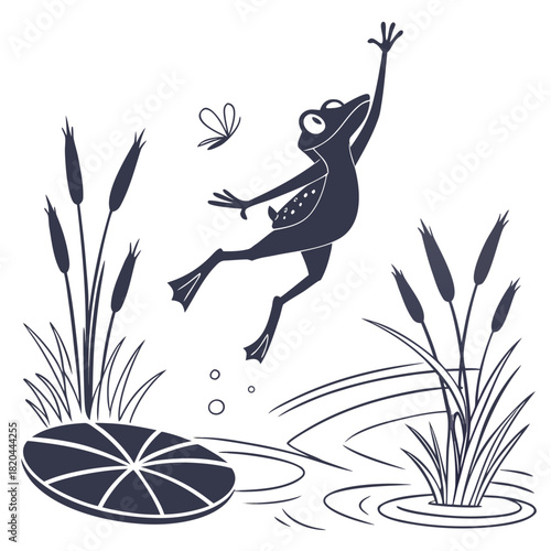 Frog jumping toward butterfly