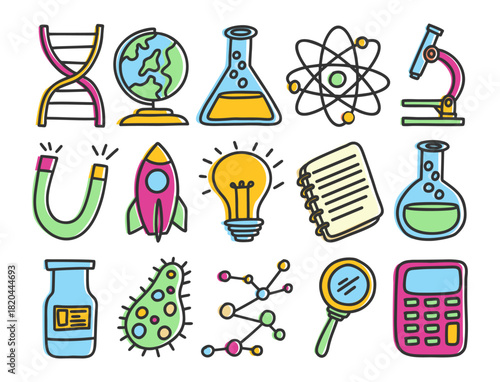 Hand-drawn cute science element icon in colorful doodle style, perfect for education, school project, laboratory visual, and fun scientific illustration