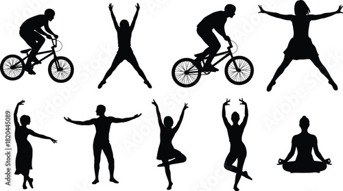 Active Lifestyle Silhouettes Set Vector Illustration of People Biking Dancing and Yoga Poses