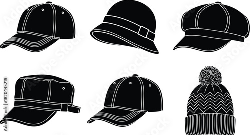 Black silhouette fashion headwear vector set including baseball caps, winter beanie, bucket hat, and newsboy cap icons.