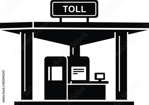 Black silhouette toll booth station icon with sign for highway transportation payment vector illustration.