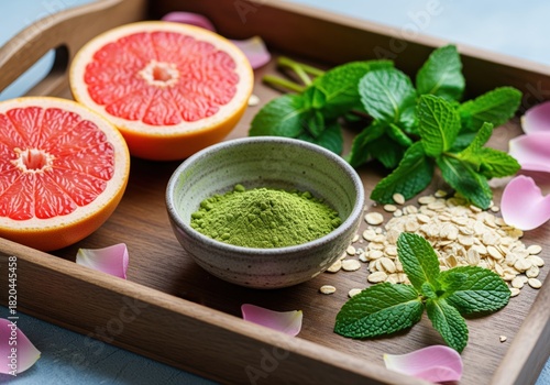 Fresh grapefruit, vibrant matcha powder, mint, oats, and rose petals.