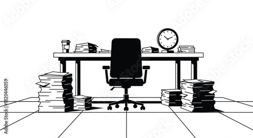Overwhelmed office desk with paperwork and clock time management