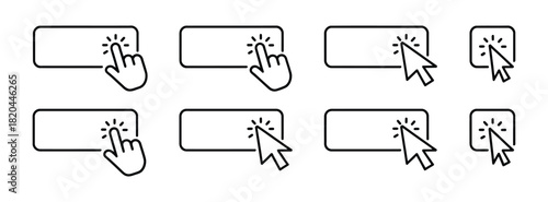 Click cursor set button with hand pointer clicking. Click here web button sign. Isolated website buy or register bar icon with hand finger arrow clicking cursor – stock vector