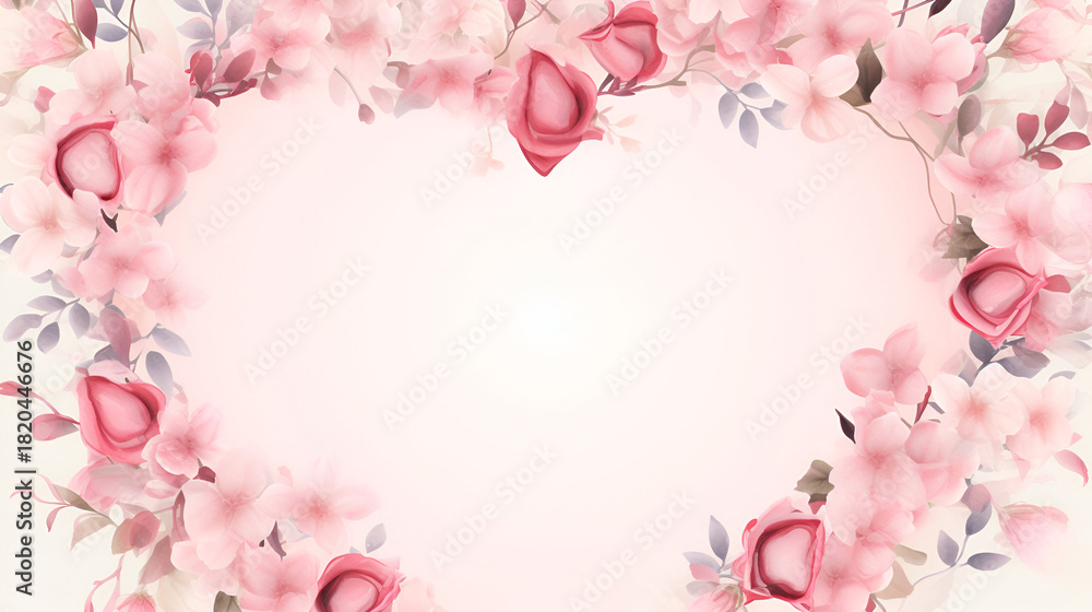 Fototapeta premium Pink floral watercolor texture creates a heart shape on a soft background. Perfect for valentine's day posters, social media, and branding.
